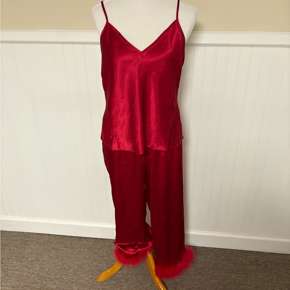 Linea Donatella Red Satin Camisole & Feather Trim Pajama Set